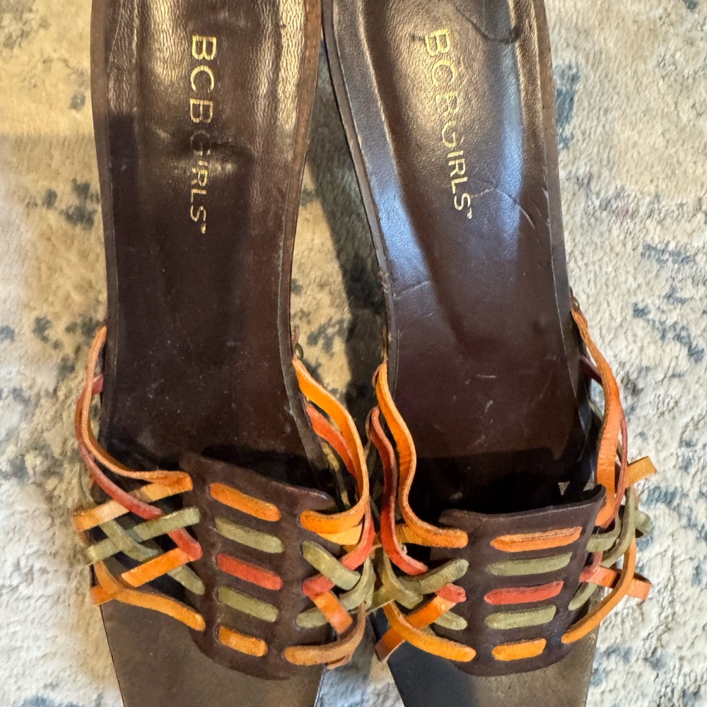 BCBGirls Brown and Multicolor Woven Mules